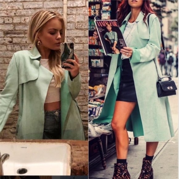 CHIC DOLLZ Minty Green Suede Trench Coat - Picture 2 of 4